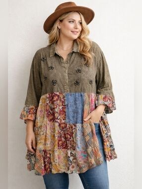 Young Threads Patchwork Boho Tunic Top Embroidered Floral 1X
